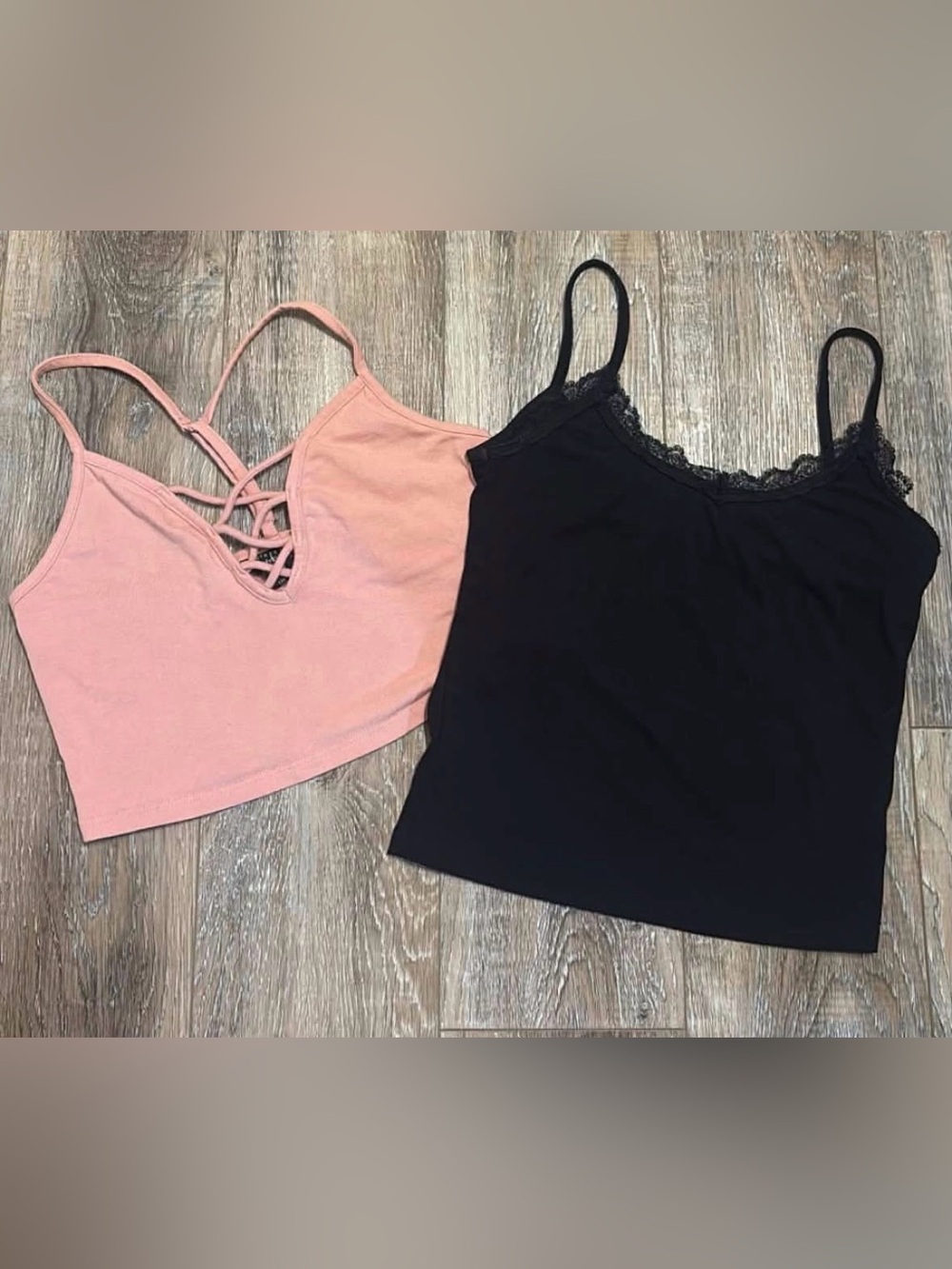 Pink Strappy Bralette & Black Lace Trim Camisole Set